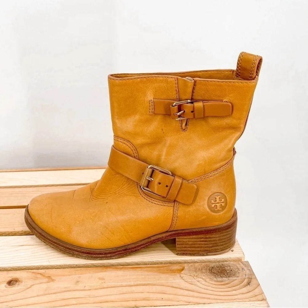 TORY BURCH Bennie Moto Engineer Boot Tan Leather Double Buckle Ankle